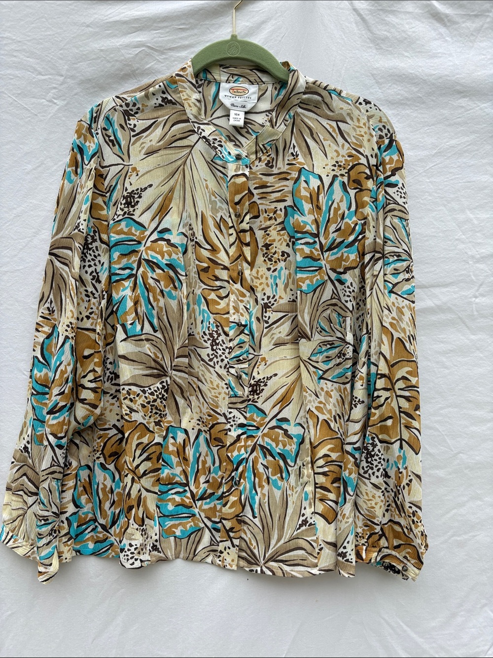 Talbots Teal, Tan & Cream Leaf-Print Button Front Blouse